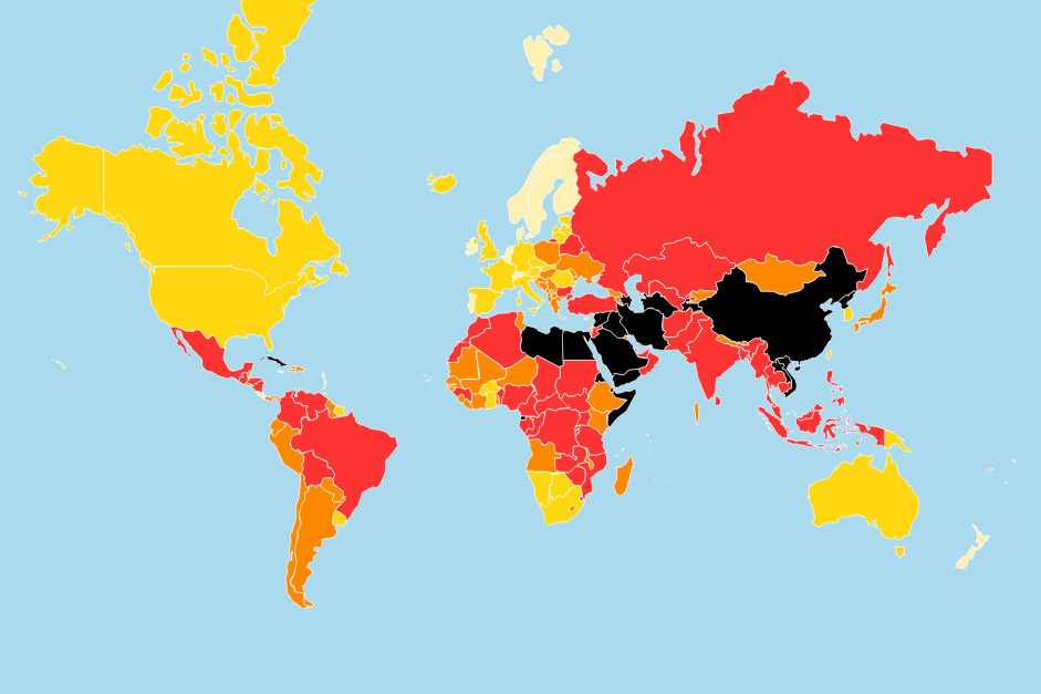 The 132 nations classified as having “very bad,” “bad” or “problematic” environments for press freedom are identified on the World Press Freedom map in black, red or orange respectively.
